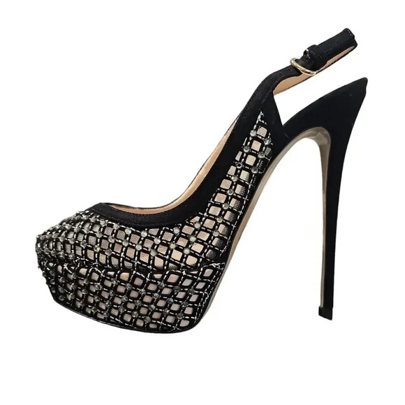 Valentino Garavani Lattice Crystals Slingback Platform Pumps Black Size 7.5 - Picture 2 of 14